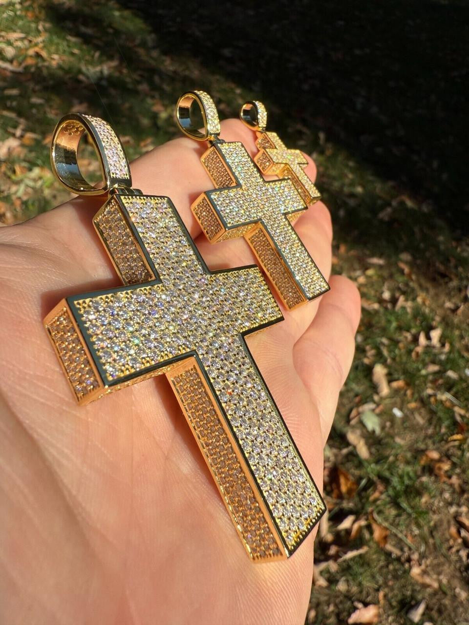 Moissanite Boss From All Sides 3D Iced Out Cross Pendant | 14k Gold Vermeil 925 Silver