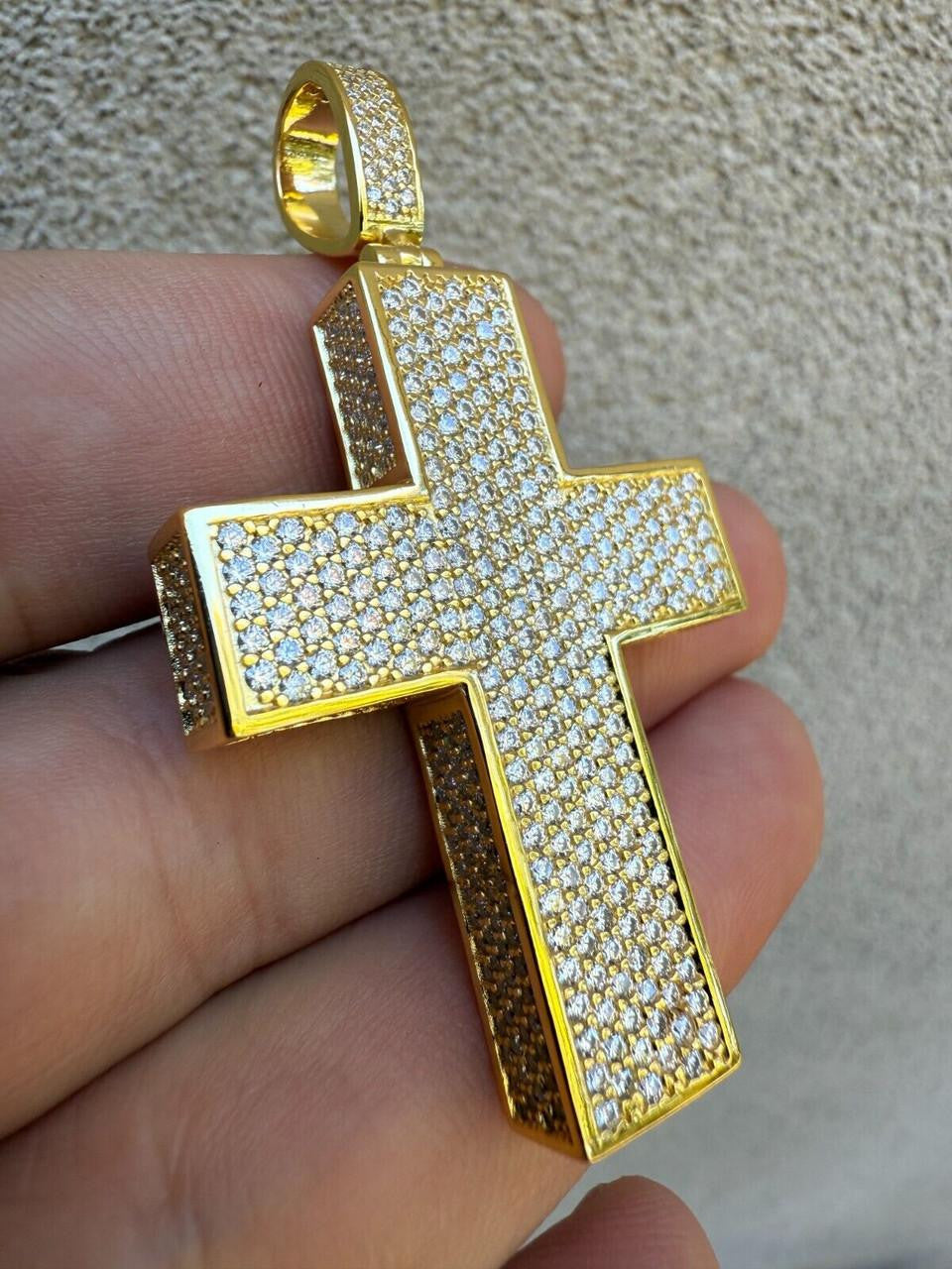 Moissanite Boss From All Sides 3D Iced Out Cross Pendant | 14k Gold Vermeil 925 Silver