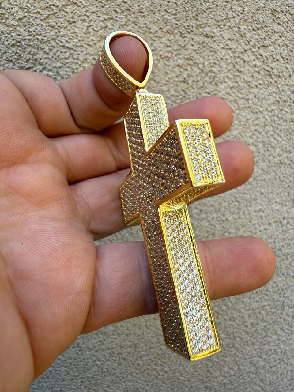 Moissanite Boss From All Sides 3D Iced Out Cross Pendant | 14k Gold Vermeil 925 Silver