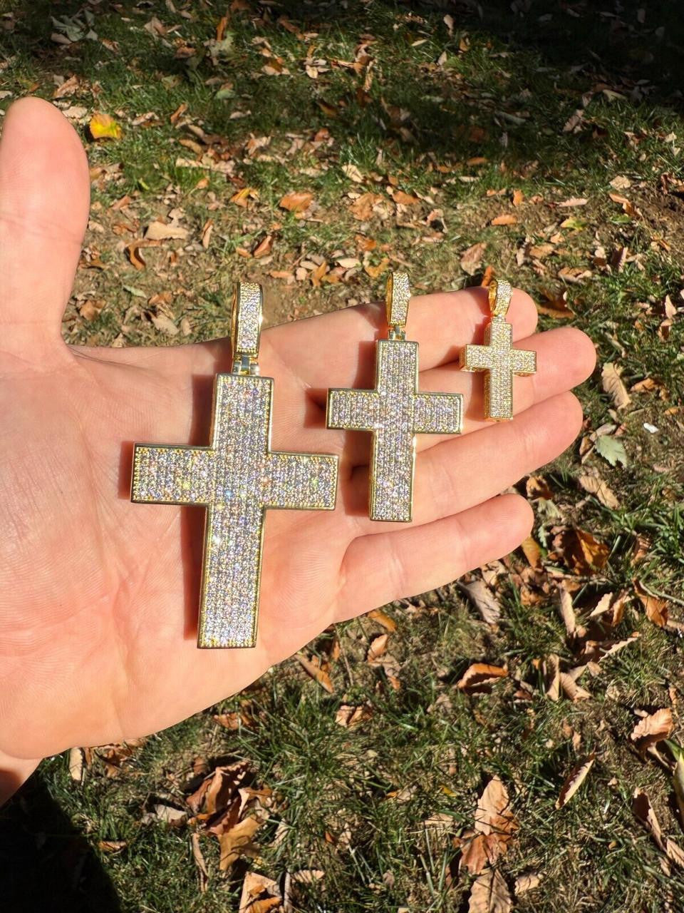 Moissanite Boss From All Sides 3D Iced Out Cross Pendant | 14k Gold Vermeil 925 Silver