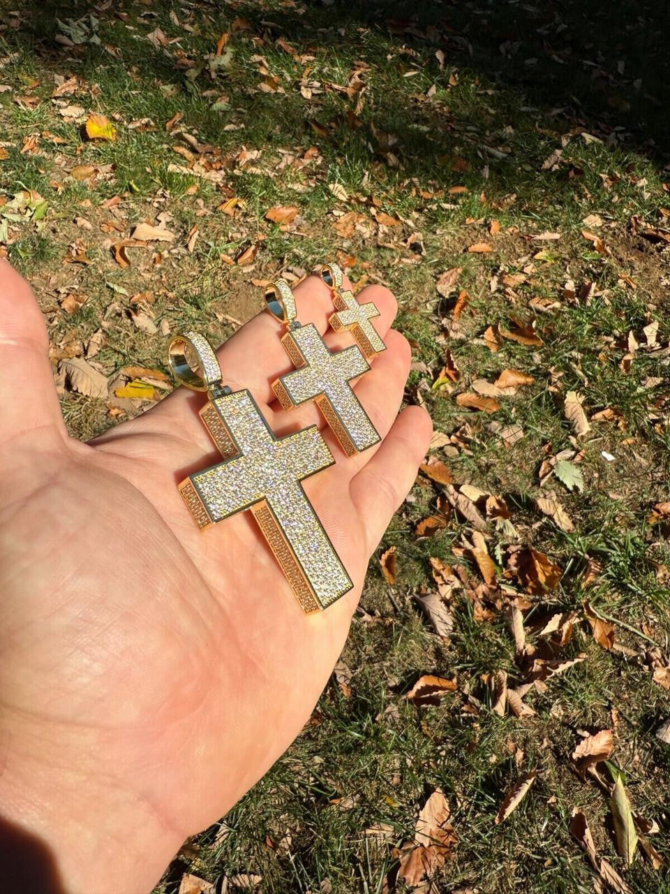 Moissanite Boss From All Sides 3D Iced Out Cross Pendant | 14k Gold Vermeil 925 Silver