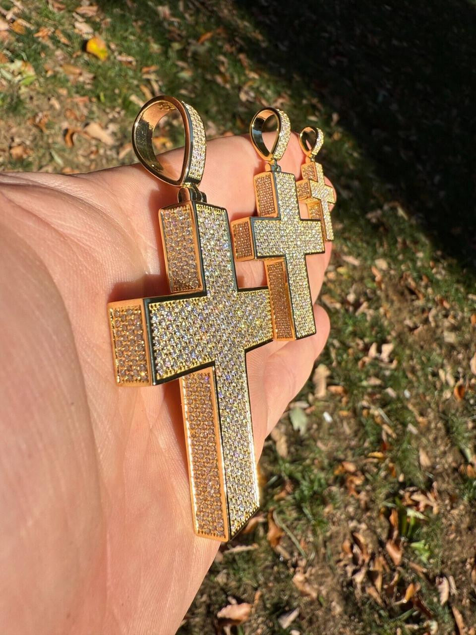 Moissanite Boss From All Sides 3D Iced Out Cross Pendant | 14k Gold Vermeil 925 Silver