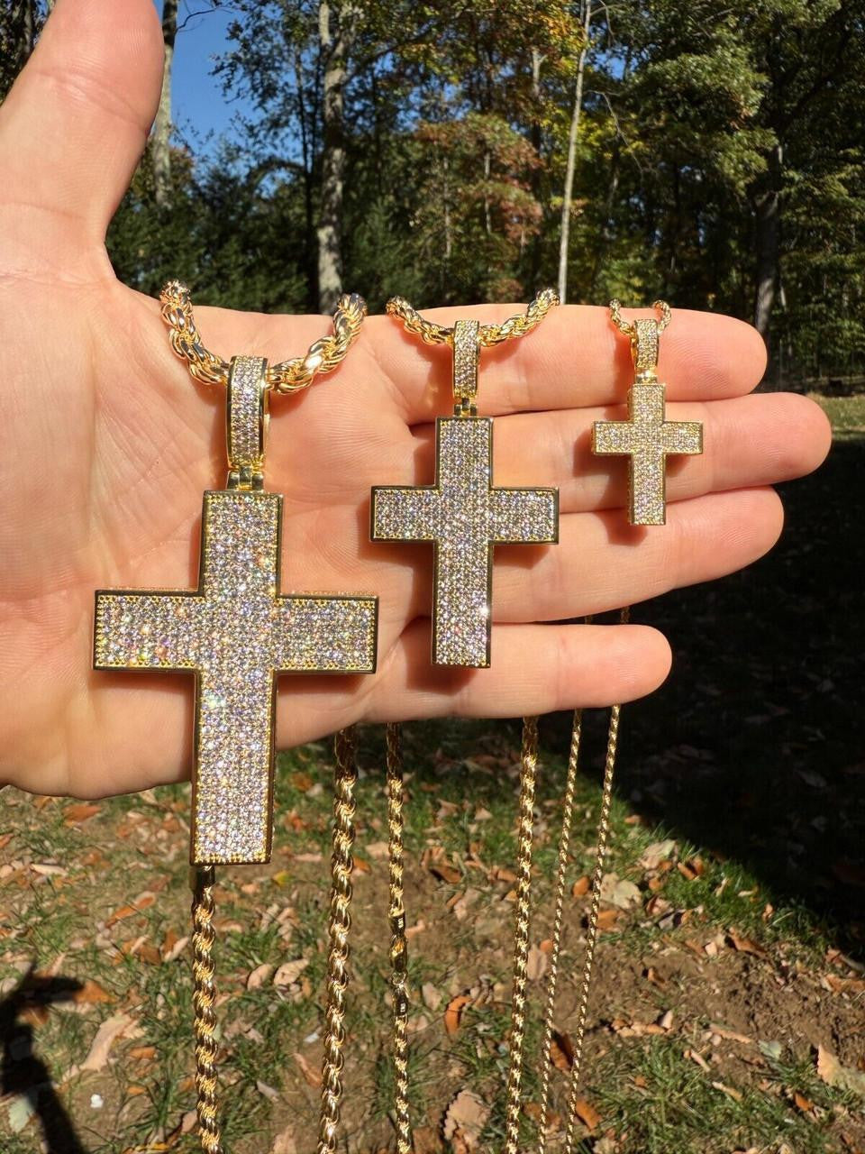 Moissanite Boss From All Sides 3D Iced Out Cross Pendant | 14k Gold Vermeil 925 Silver