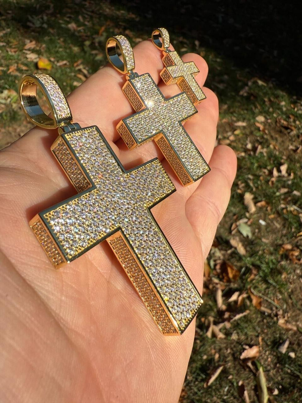 Moissanite Boss From All Sides 3D Iced Out Cross Pendant | 14k Gold Vermeil 925 Silver