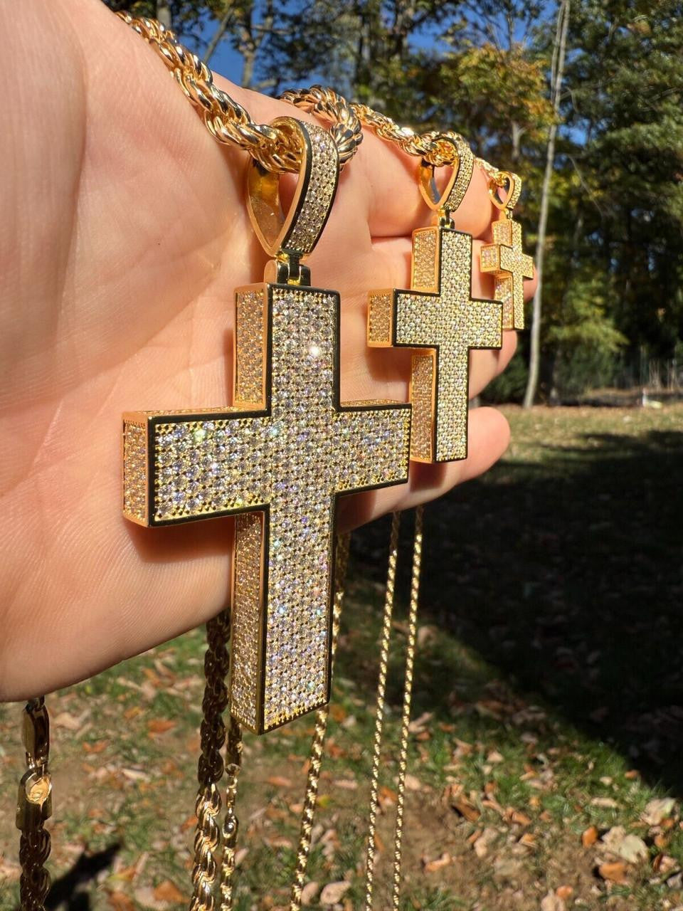 Moissanite Boss From All Sides 3D Iced Out Cross Pendant | 14k Gold Vermeil 925 Silver