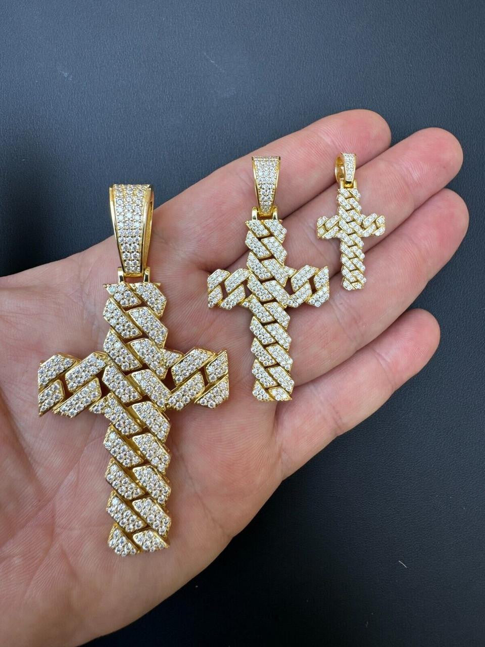 Moissanite Miami Cuban Prong Set Cross Pendant | 14k Gold Vermeil 925 Silver