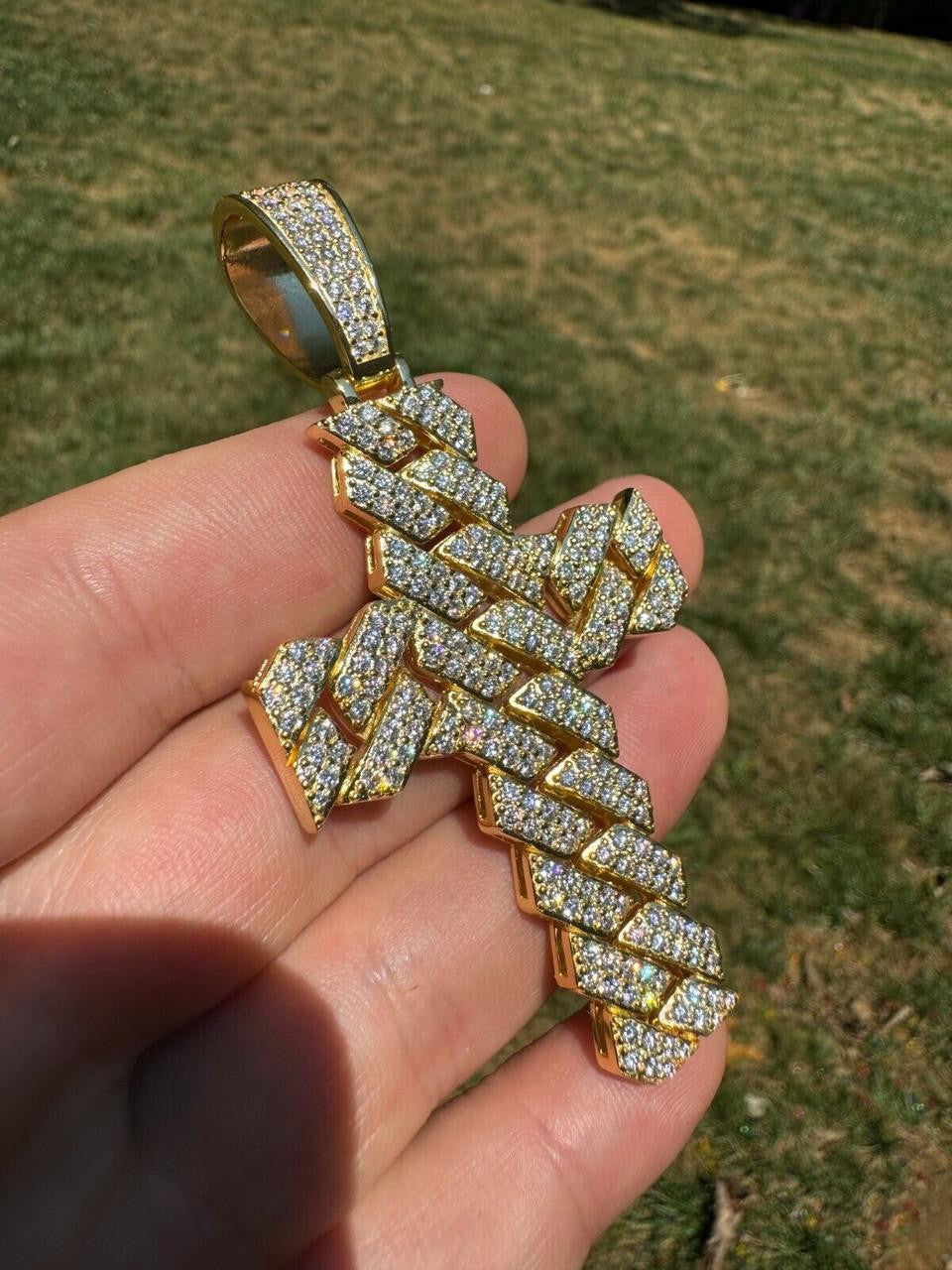 Moissanite Miami Cuban Prong Set Cross Pendant | 14k Gold Vermeil 925 Silver