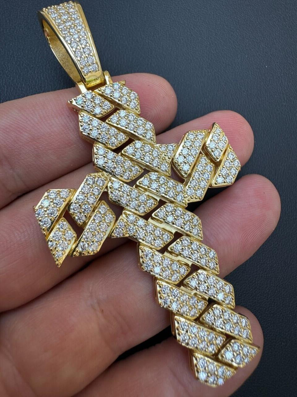 Moissanite Miami Cuban Prong Set Cross Pendant | 14k Gold Vermeil 925 Silver
