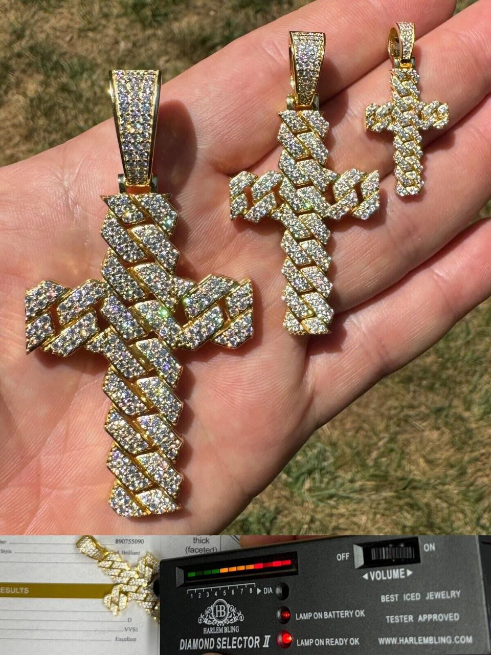 Moissanite Miami Cuban Prong Set Cross Pendant | 14k Gold Vermeil 925 Silver
