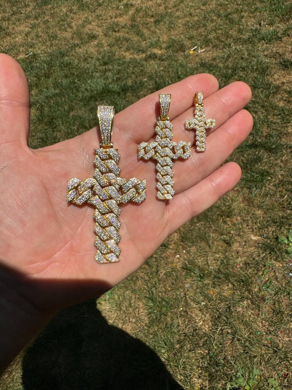 Moissanite Miami Cuban Prong Set Cross Pendant | 14k Gold Vermeil 925 Silver