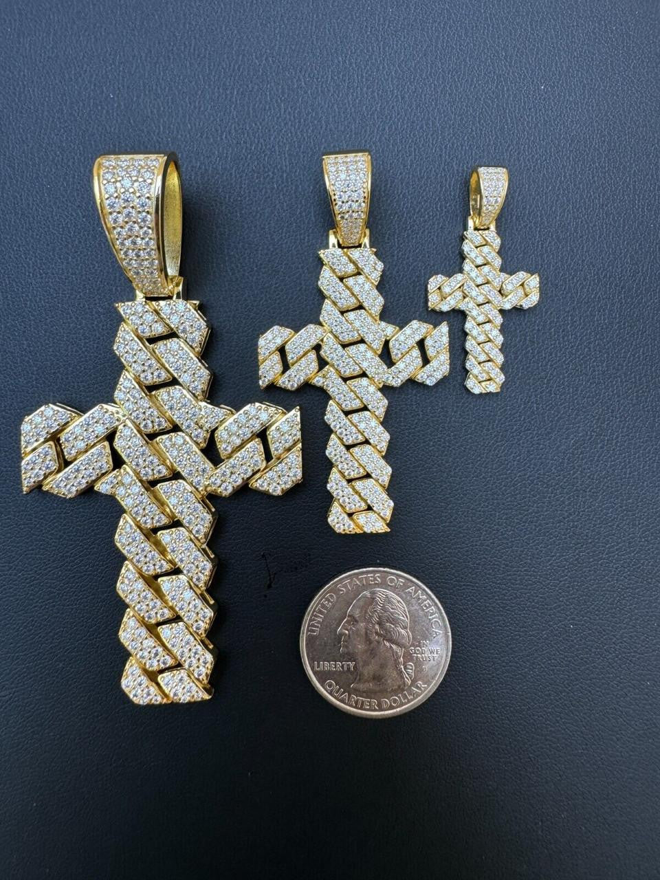 Moissanite Miami Cuban Prong Set Cross Pendant | 14k Gold Vermeil 925 Silver