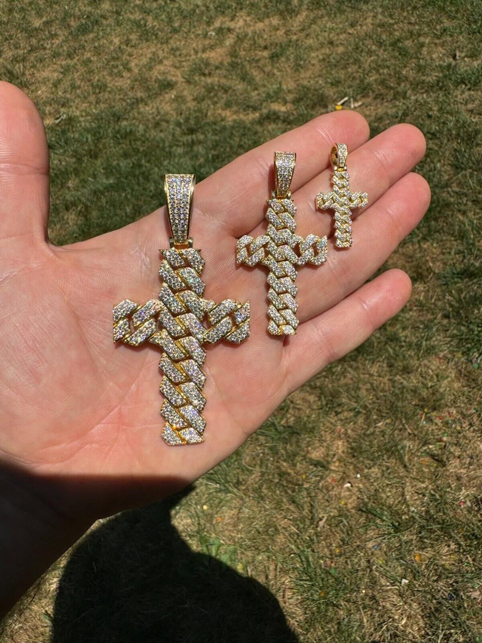 Moissanite Miami Cuban Prong Set Cross Pendant | 14k Gold Vermeil 925 Silver