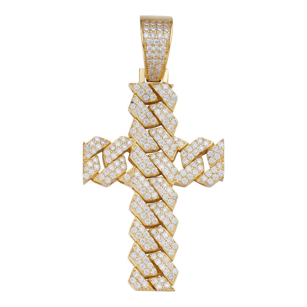 Moissanite Miami Cuban Prong Set Cross Pendant | 14k Gold Vermeil 925 Silver