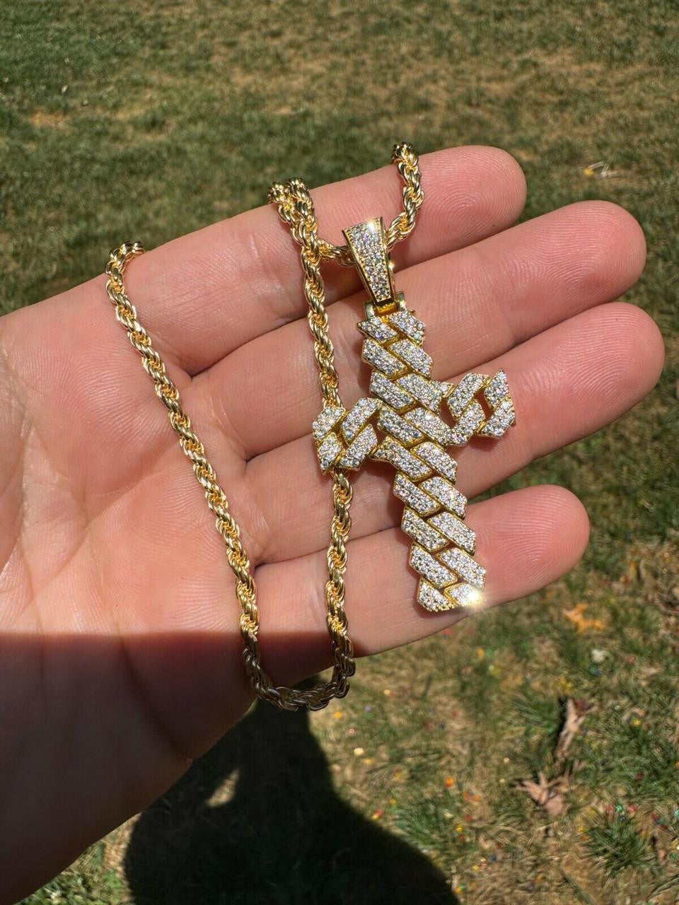 Moissanite Miami Cuban Prong Set Cross Pendant | 14k Gold Vermeil 925 Silver