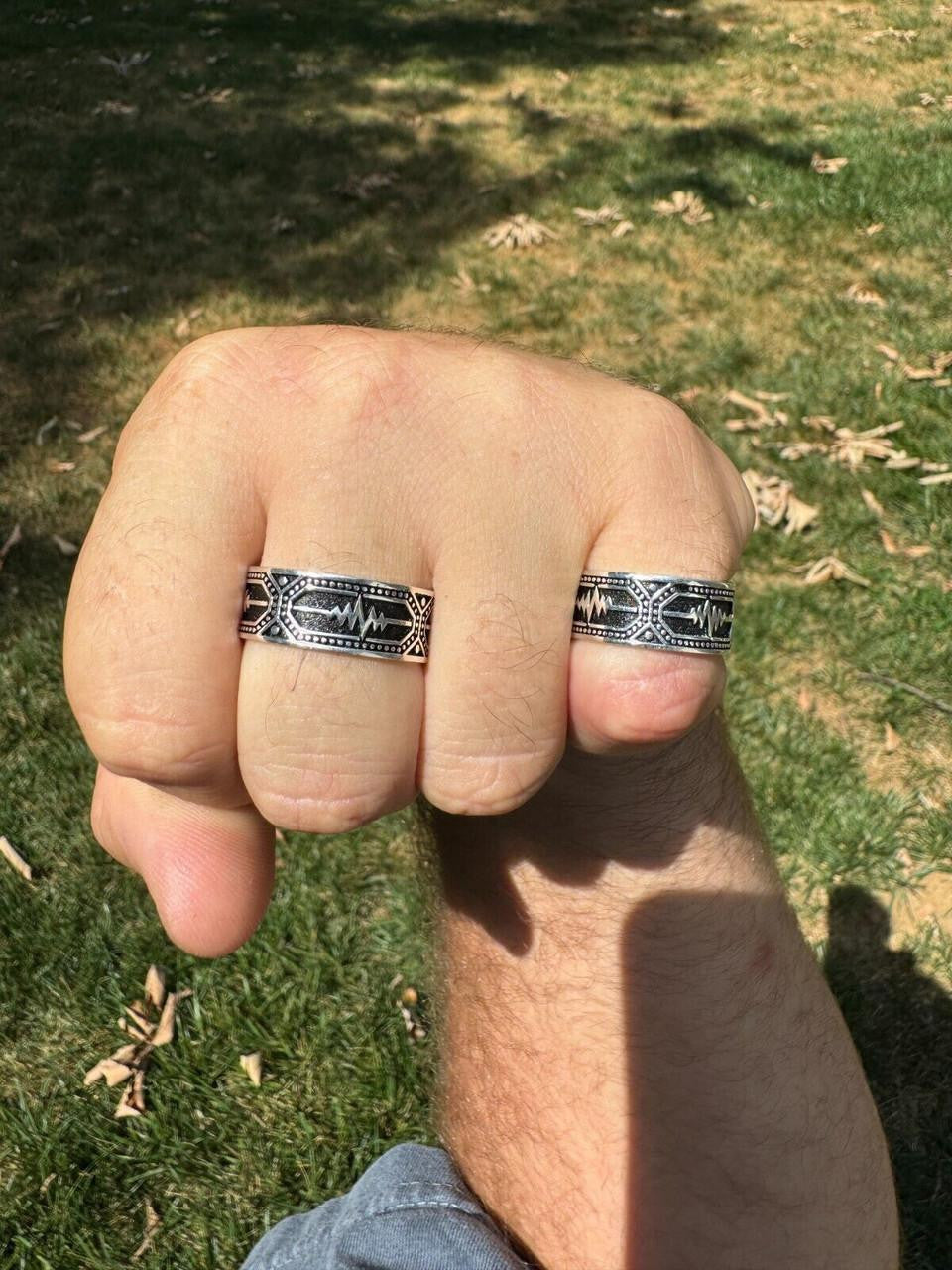 Eternal Love Heartbeat Pulse Eternity Band Ring | 925 Silver Oxidized