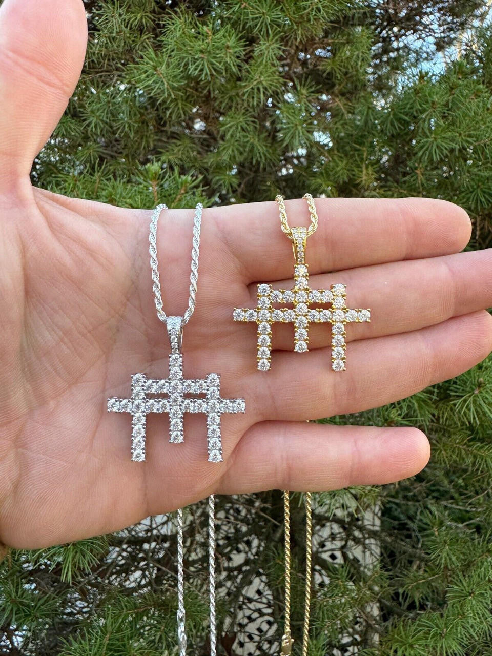 Moissanite Triple Cross Hip Hop Pendant | 14k Yellow Gold Vermeil Or 925 Silver