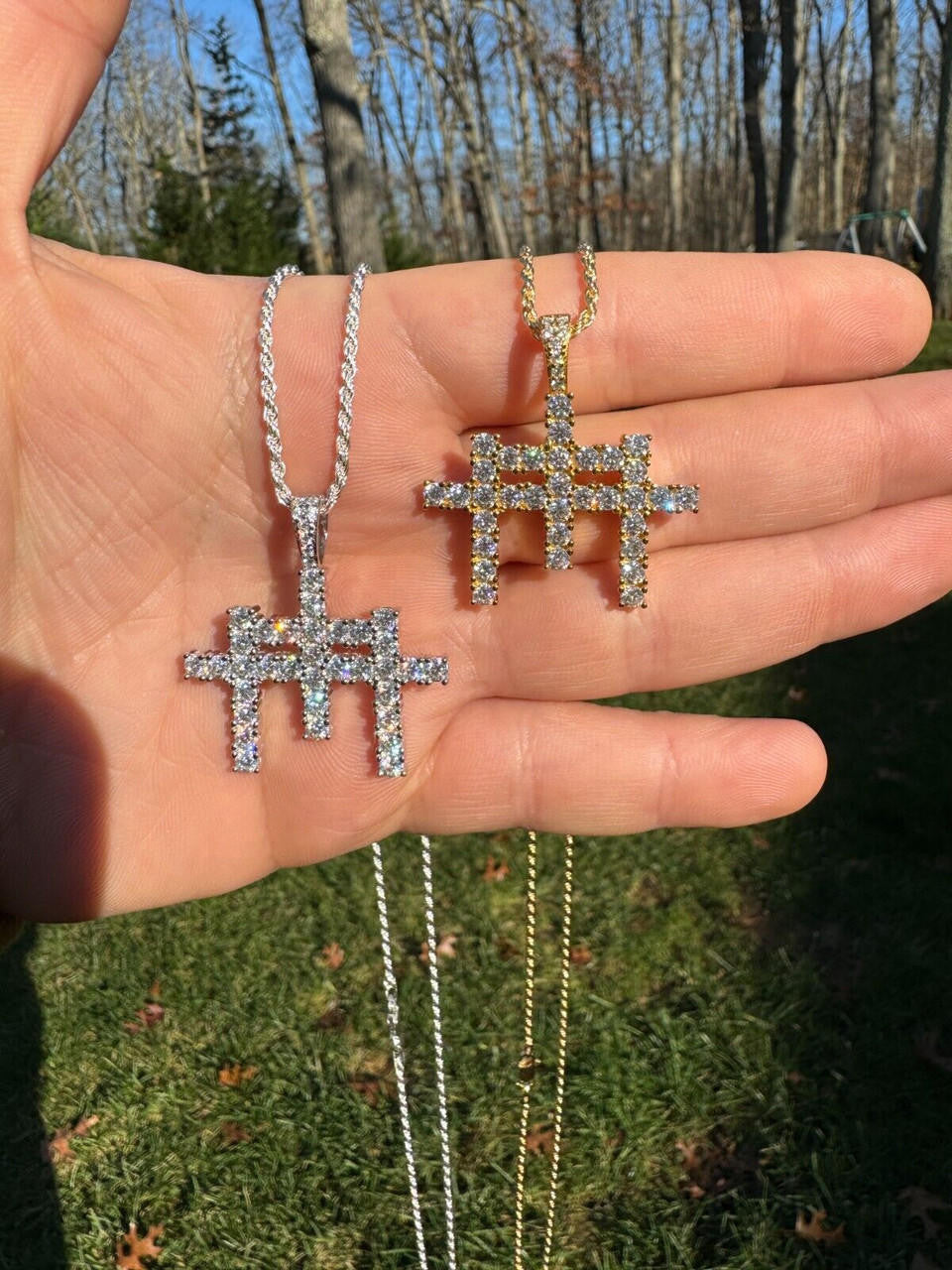 Moissanite Triple Cross Hip Hop Pendant | 14k Yellow Gold Vermeil Or 925 Silver