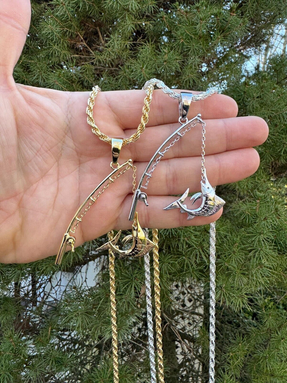 Real Large Mens 925 Silver / Gold Fishing Pendant Rod & Marlin Fish Necklace