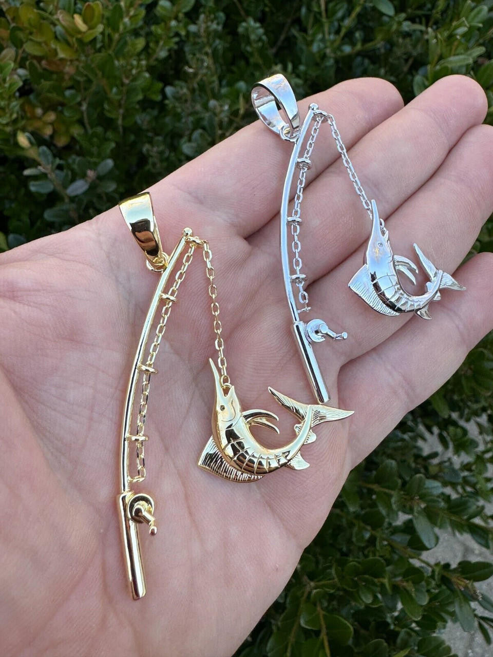 Real Large Mens 925 Silver / Gold Fishing Pendant Rod & Marlin Fish Necklace