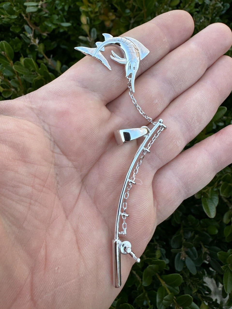 Real Large Mens 925 Silver / Gold Fishing Pendant Rod & Marlin Fish Necklace