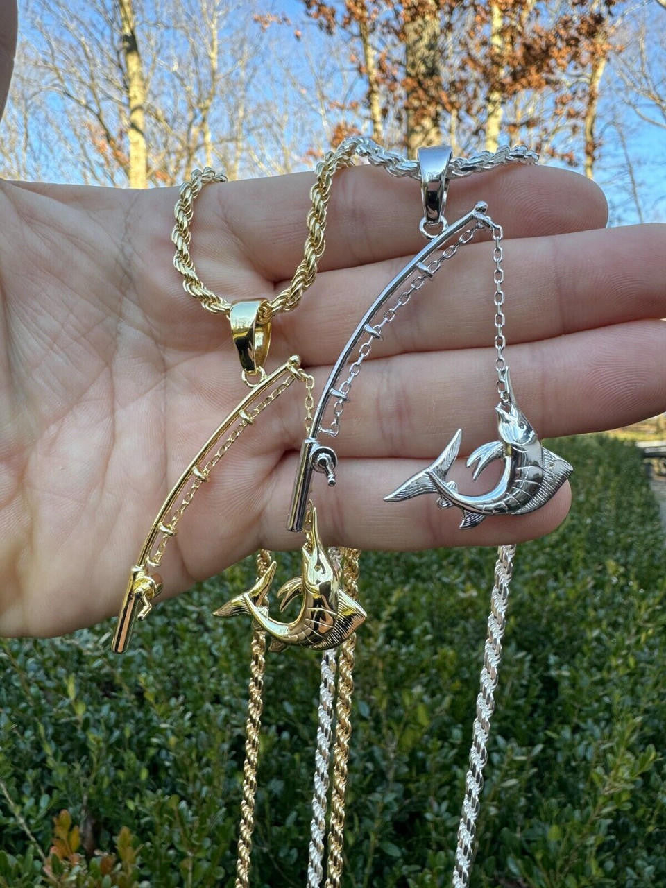 Real Large Mens 925 Silver / Gold Fishing Pendant Rod & Marlin Fish Necklace
