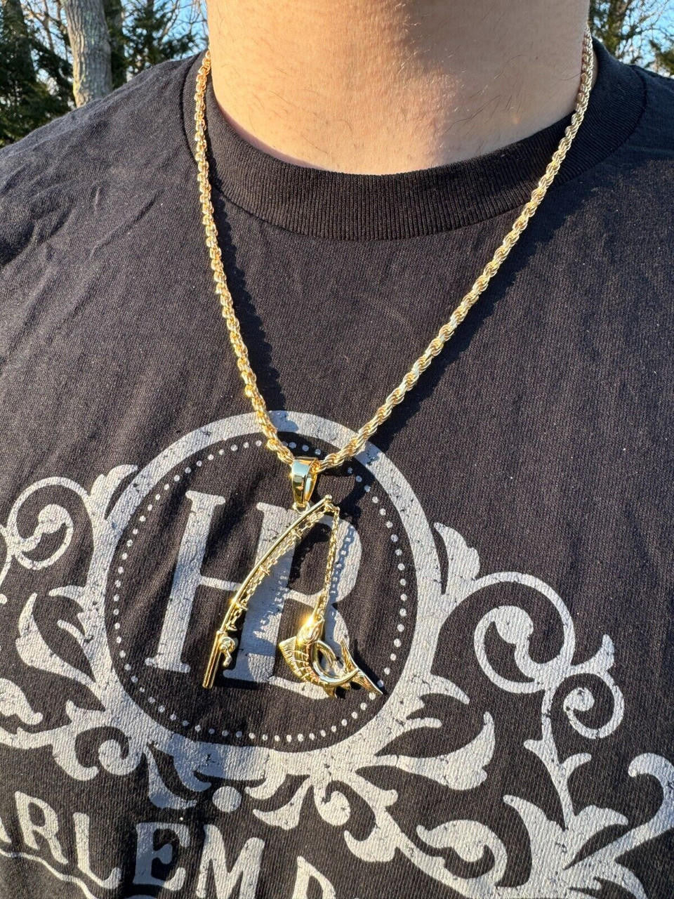 Real Large Mens 925 Silver / Gold Fishing Pendant Rod & Marlin Fish Necklace