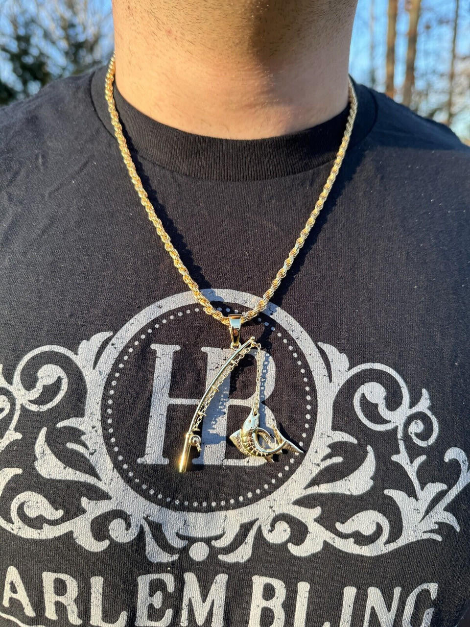 Real Large Mens 925 Silver / Gold Fishing Pendant Rod & Marlin Fish Necklace