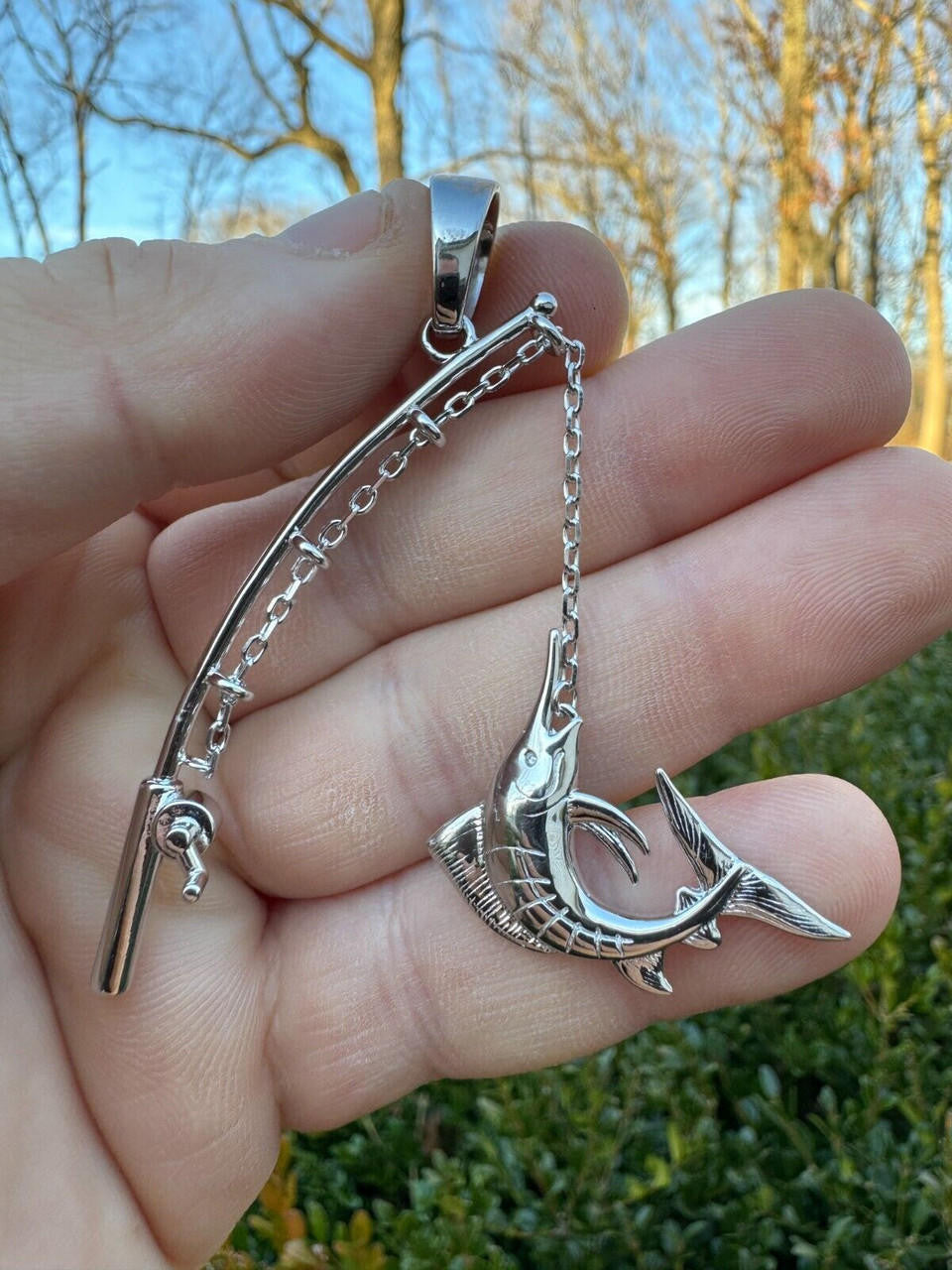 Real Large Mens 925 Silver / Gold Fishing Pendant Rod & Marlin Fish Necklace