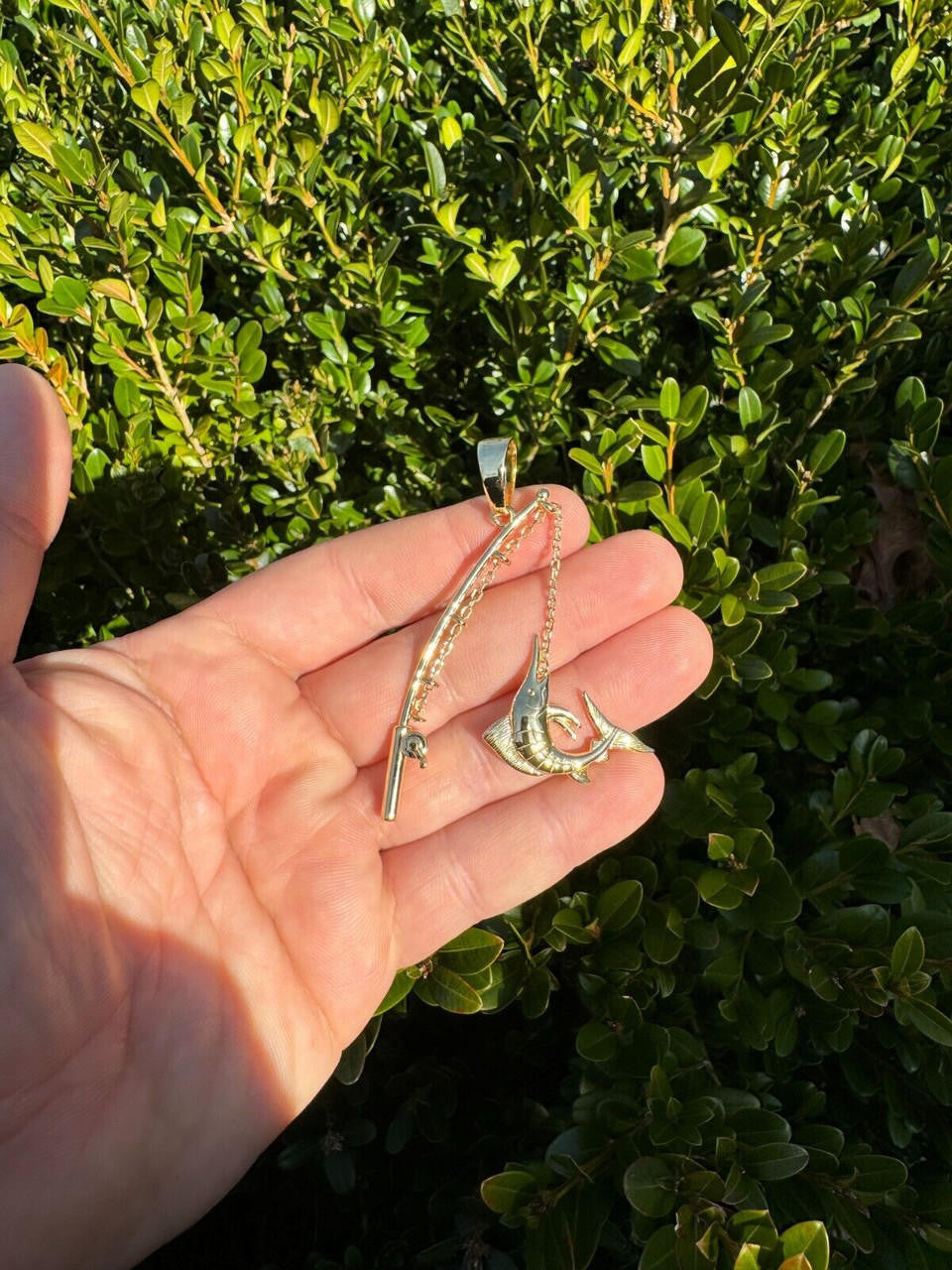 Real Large Mens 925 Silver / Gold Fishing Pendant Rod & Marlin Fish Necklace