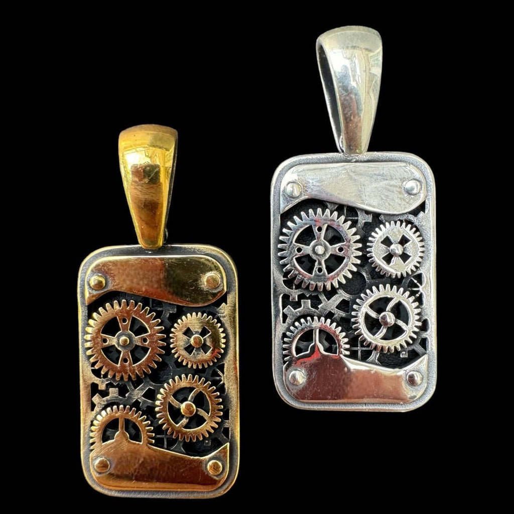 Steampunk Gears Dog Tag Pendant | 14k Gold Vermeil Or Oxidized 925 Silver