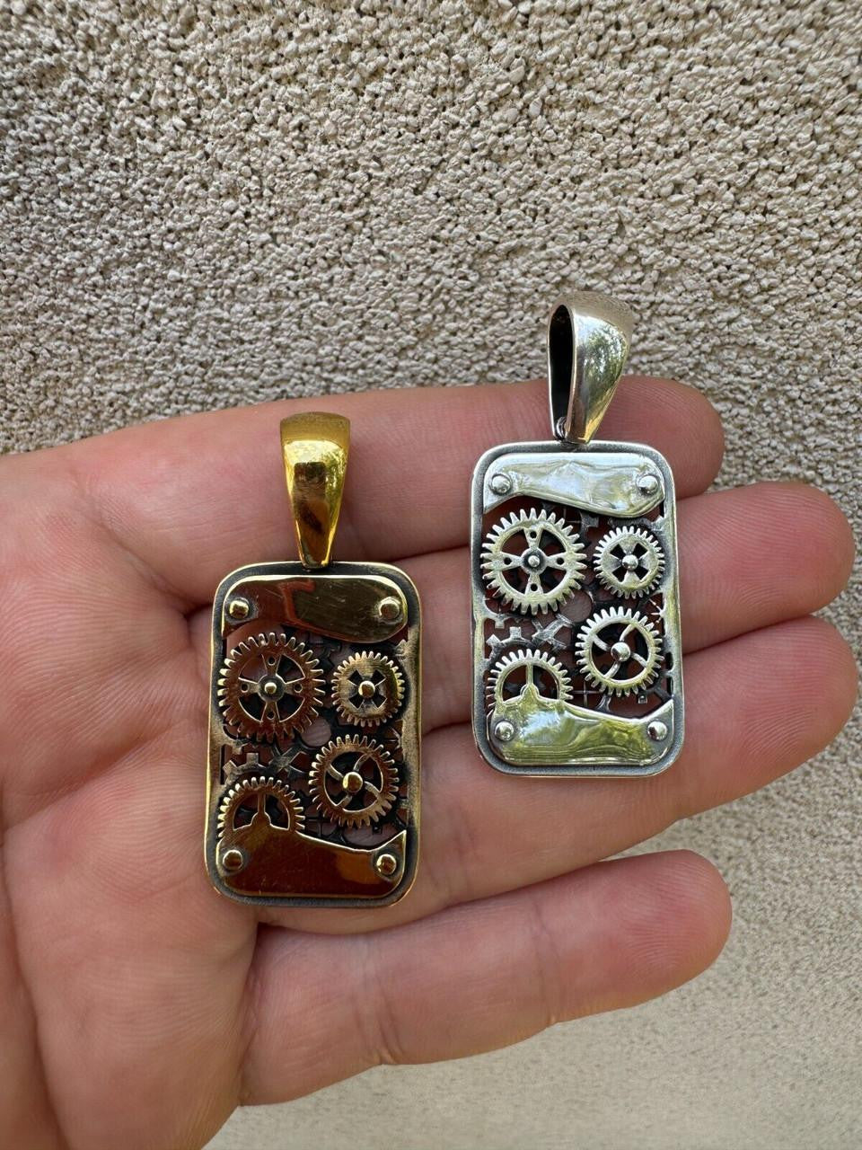 Steampunk Gears Dog Tag Pendant | 14k Gold Vermeil Or Oxidized 925 Silver