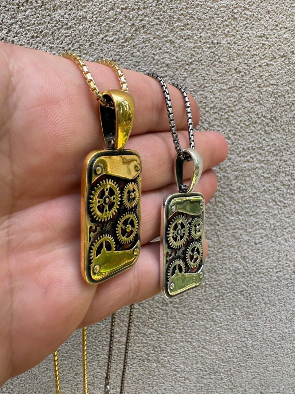 Steampunk Gears Dog Tag Pendant | 14k Gold Vermeil Or Oxidized 925 Silver