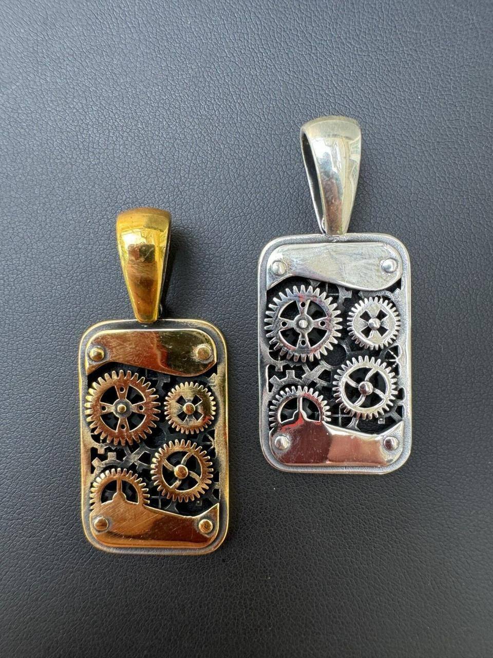Steampunk Gears Dog Tag Pendant | 14k Gold Vermeil Or Oxidized 925 Silver