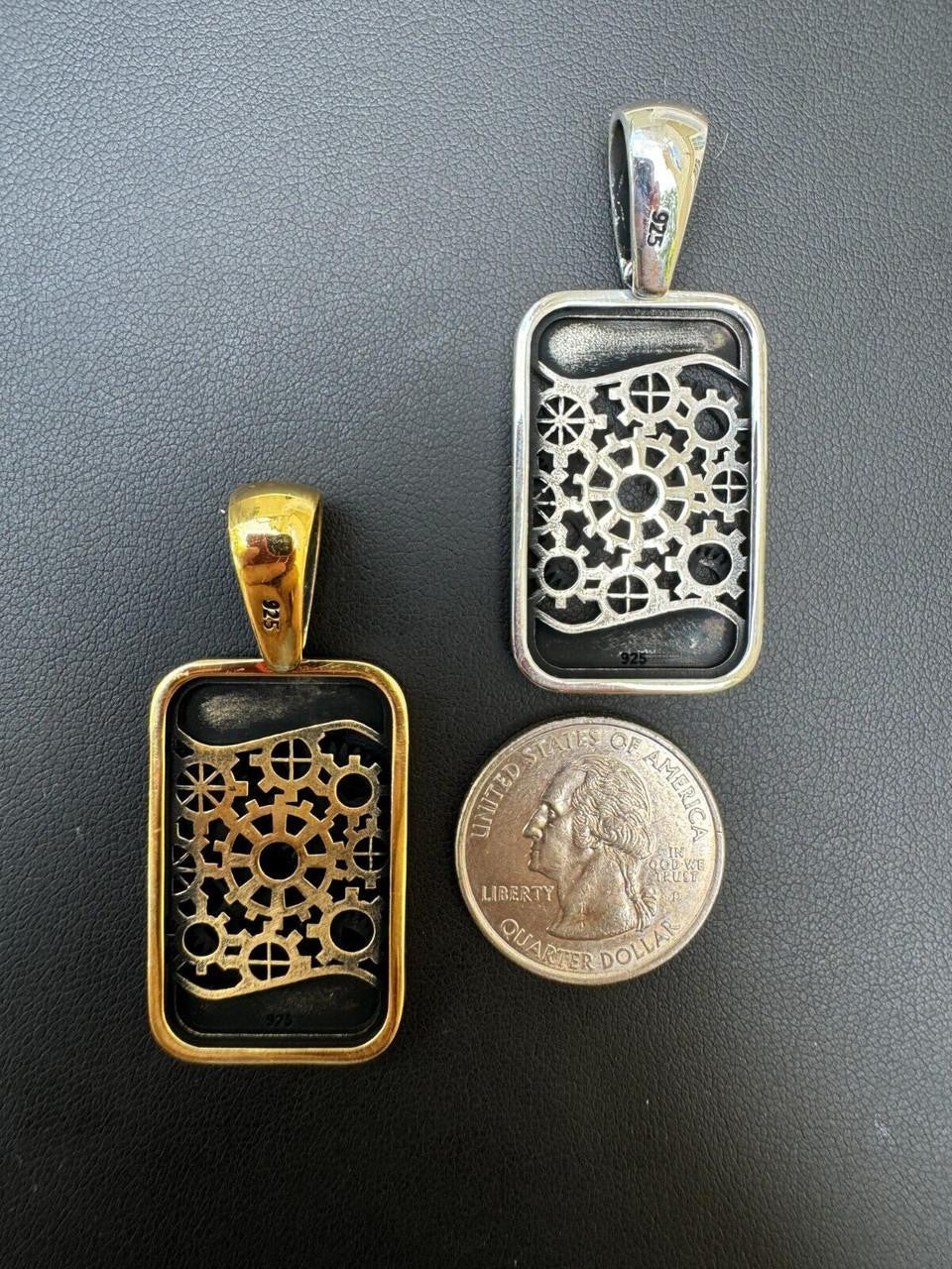 Steampunk Gears Dog Tag Pendant | 14k Gold Vermeil Or Oxidized 925 Silver