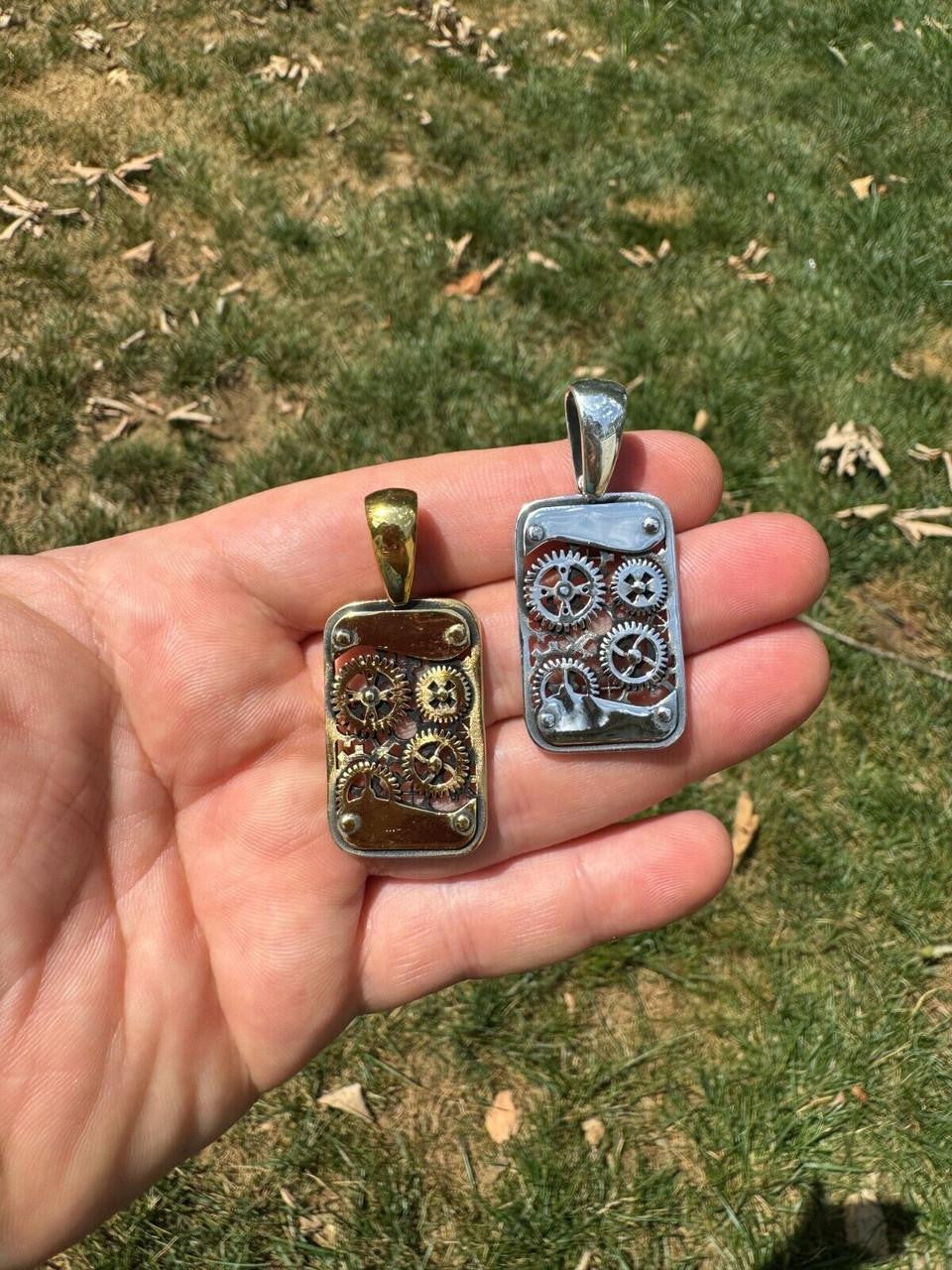 Steampunk Gears Dog Tag Pendant | 14k Gold Vermeil Or Oxidized 925 Silver