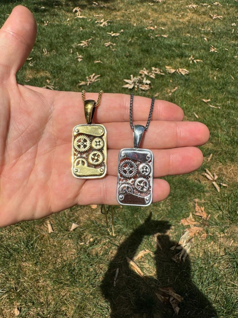 Steampunk Gears Dog Tag Pendant | 14k Gold Vermeil Or Oxidized 925 Silver