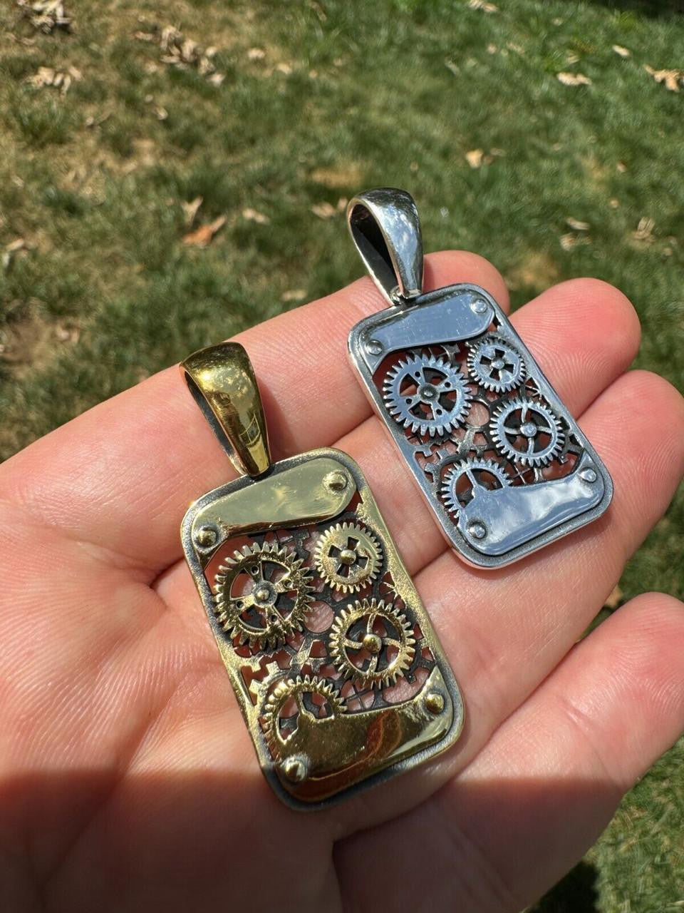 Steampunk Gears Dog Tag Pendant | 14k Gold Vermeil Or Oxidized 925 Silver