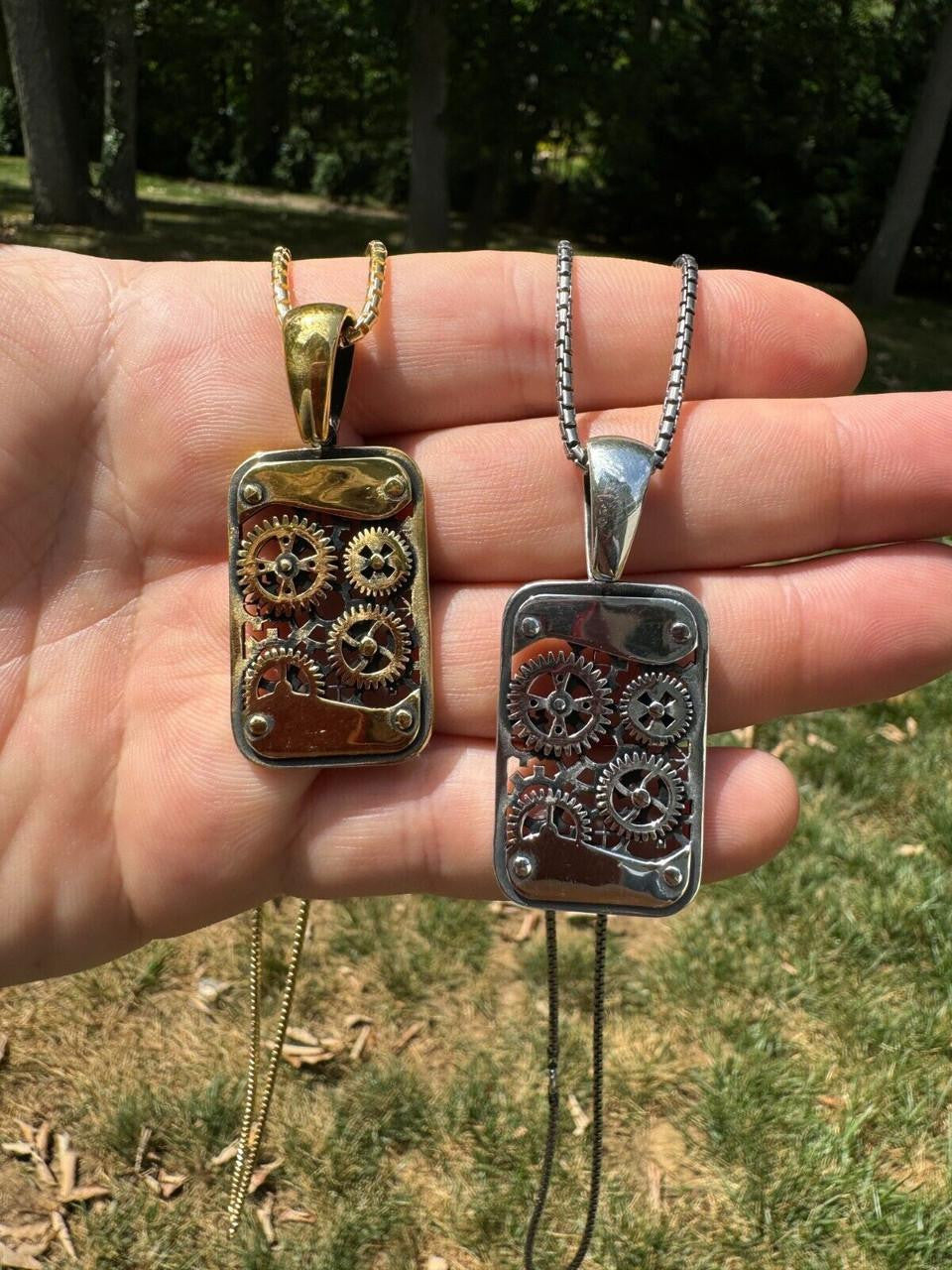 Steampunk Gears Dog Tag Pendant | 14k Gold Vermeil Or Oxidized 925 Silver