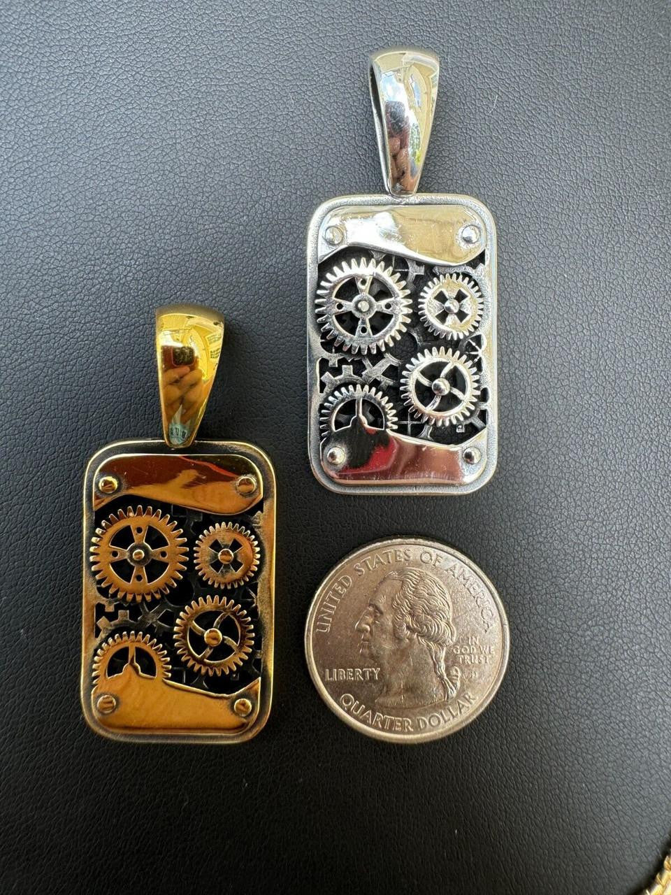 Steampunk Gears Dog Tag Pendant | 14k Gold Vermeil Or Oxidized 925 Silver