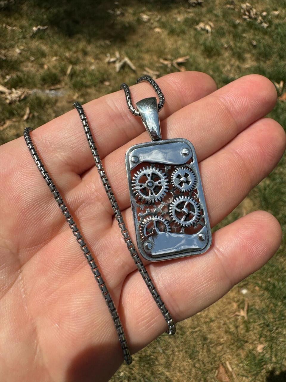 Steampunk Gears Dog Tag Pendant | 14k Gold Vermeil Or Oxidized 925 Silver
